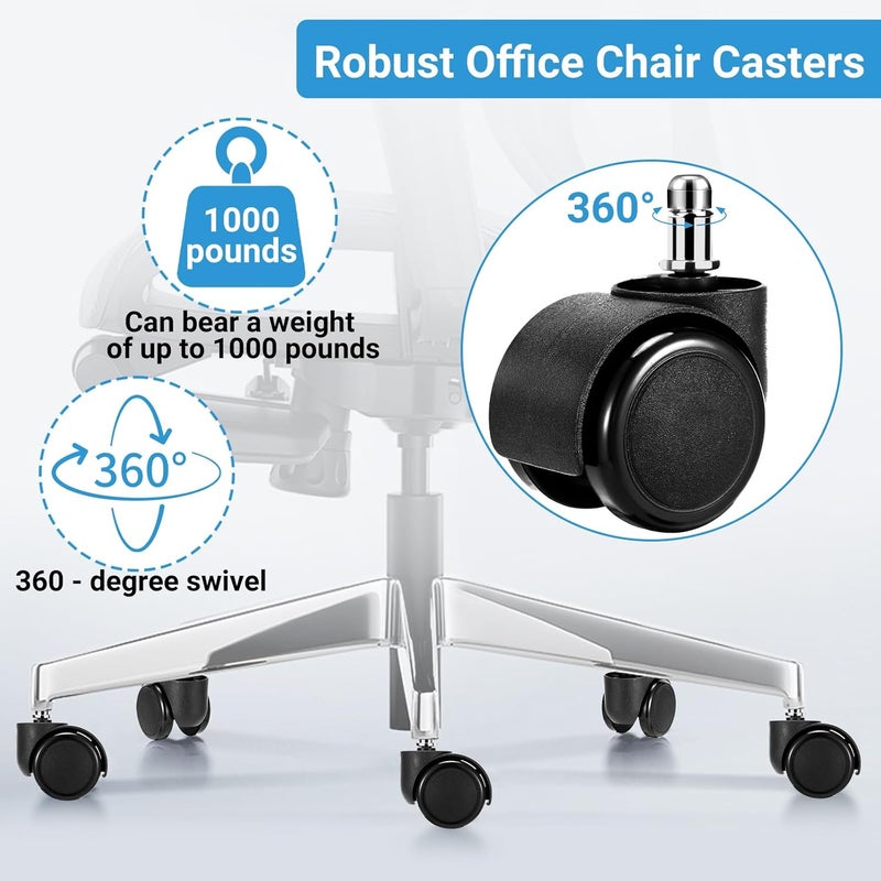 ZKJAYOE 2 Inch Office Chair Casters Wheels Heavy Duty, 5 pcs Chair Wheel Replacement, Mute Rubber Rotating Desk Chair Wheels for All Floor, Smooth & Quiet Caster, Universal Standard Stem Size Fits 99% - Image 3